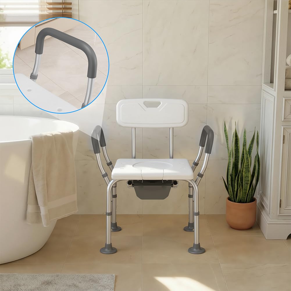 BAKAJI Sedia Sgabello WC da Bagno Doccia in Alluminio per Anziani, Disabili e Persone Mobilità Ridotta, Seduta Ergonomica e Maniglie di Ausilio, Secchio Coperchio Rimovibile Altezza Regolabile 73–85cm