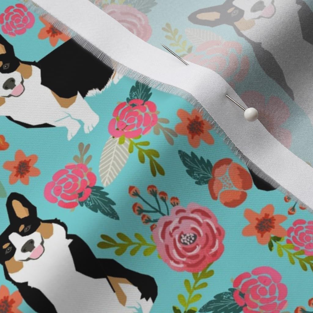 Spoonflower Fabric - Corgi Cute Black Tan Welsh Florals Flowers Painted Floral Lovers Printed on Organic Cotton Sateen Fabric by The Yard - Sewing Quilting Apparel Home Decor