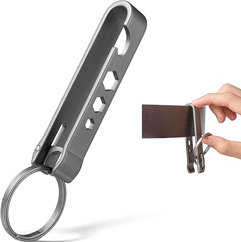 FEGVE Clip para cinturón de titanio, mosquetón con clip para cinturón con llavero de empuje lateral para pantalones y monedero