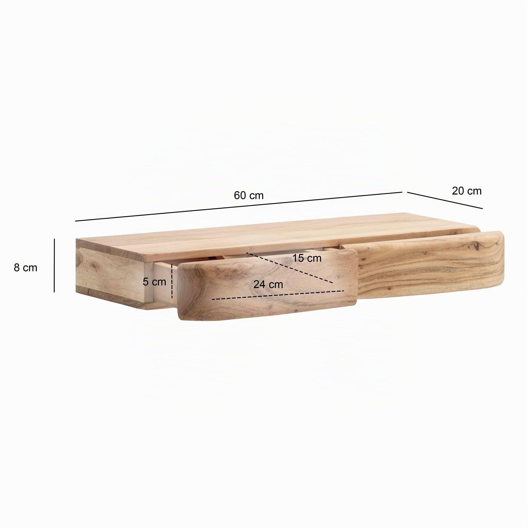 FineBuy Mensola a muro in legno massello di acacia 60cm con due cassetti - Scaffale di design per la parete - Mensola in legno con spazio contenitivo - Mensola sospesa in vero legno
