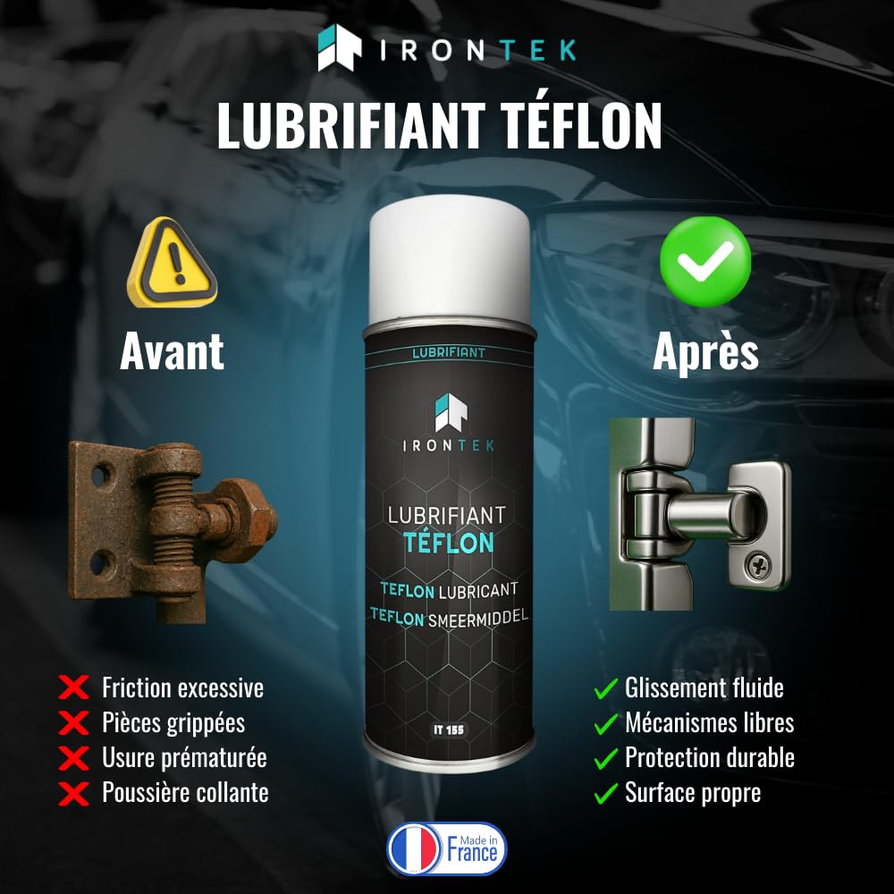 Lubrifiant Téflon PTFE 500ml - IRONTEK | IT155 | Haute température, Pression extrême, Lubrification sèche | Protège, dégrippe, évite la poussière, Usage Plastique métal | Efficacité Durable