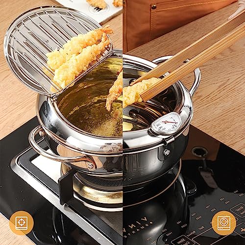 304 Roestvrij Staal Frituurpan Friteuse Pan, Tempura Friteuse met Thermometer, Deksel en Olie Afdruiprek, Japanse stijl Tempura Frituurpan voor Keuken Frites, Vis, Garnalen en Knapperig Vlees - Afbeelding 6
