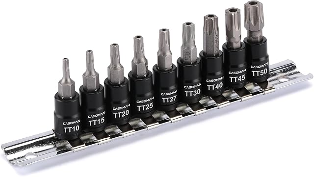 CASOMAN 1/4" Drive Hex Bit Socket Set, 9-Piece Security Star Bits, Allen Bit Socket Kit, TT10-TT50,CR-V&S2 Steel, Includes Storage Rail
