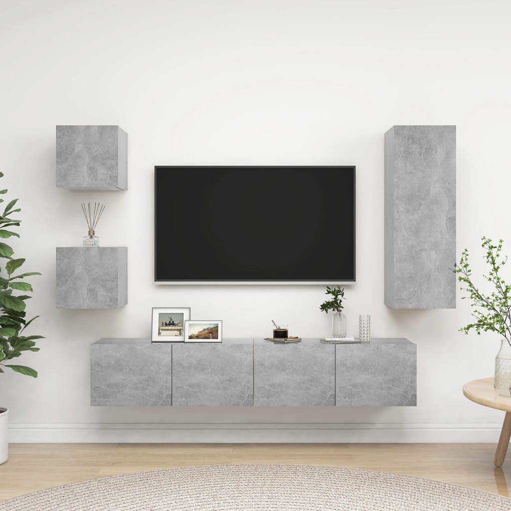5-TLG. TV-Schrank-Set, Betongrau Holzwerkstoff, Wandmontage, Modernes Media-Center für Wohnzimmer, Schlafzimmer, Stauraum, 30-90 cm Breite
