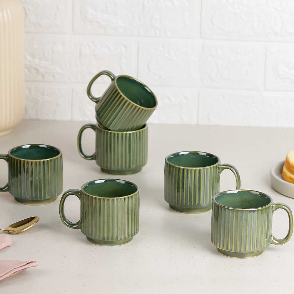 The Earth Store Glam Green Fringe Premium Ceramic Cup Set of 6 for Tea, 160 ML Each, Microwave and Dishwasher Safe Stackable Cup Set Tea | Chai Cups for Gifting, Home & Office Use, Every Occasion