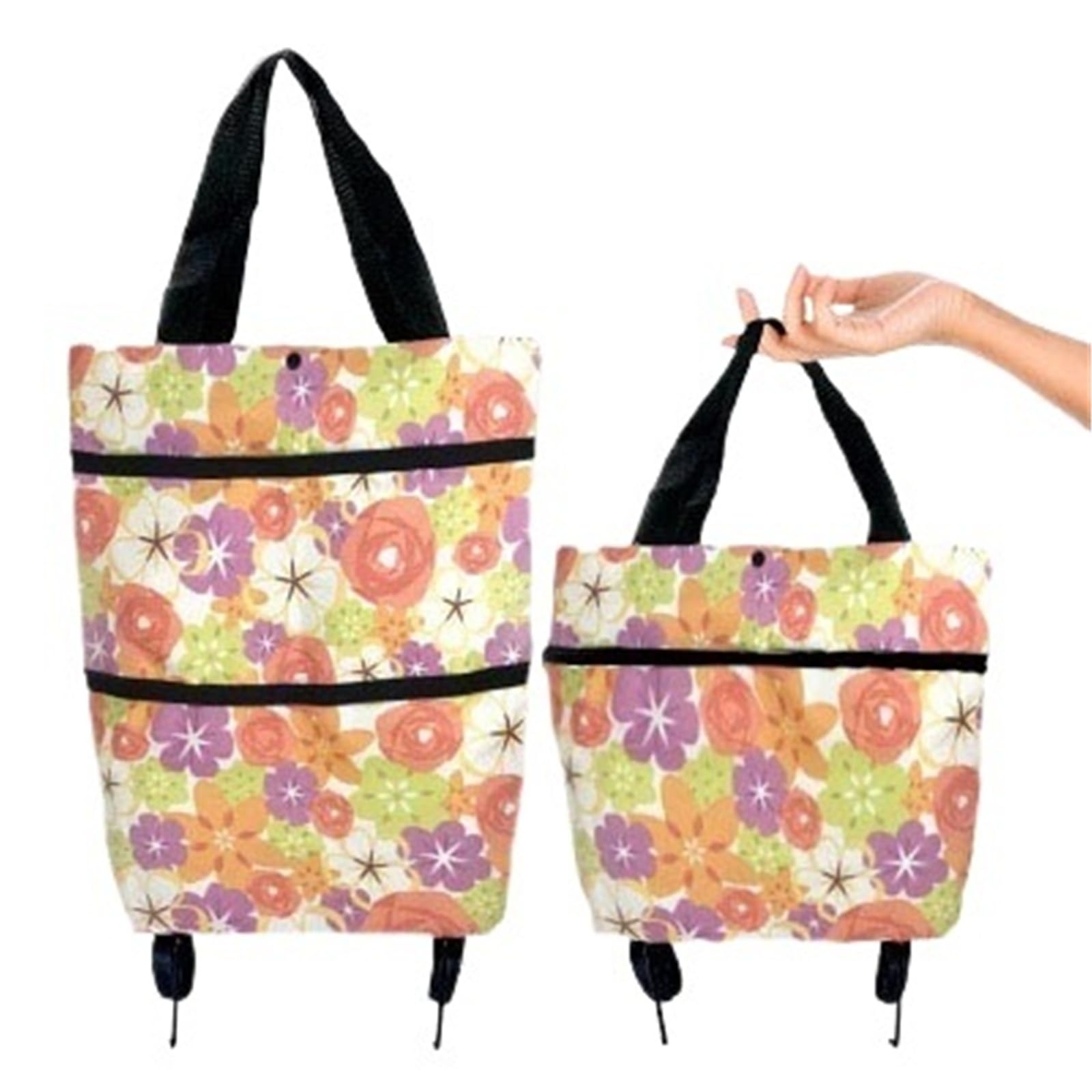 Foldable Shopping Bag with Wheels Folding Reusable Grocery Shopping Bags Large Pull Cart Trolley Bag With Wheels Supermarket Vegetables(B Chrysanthemum)