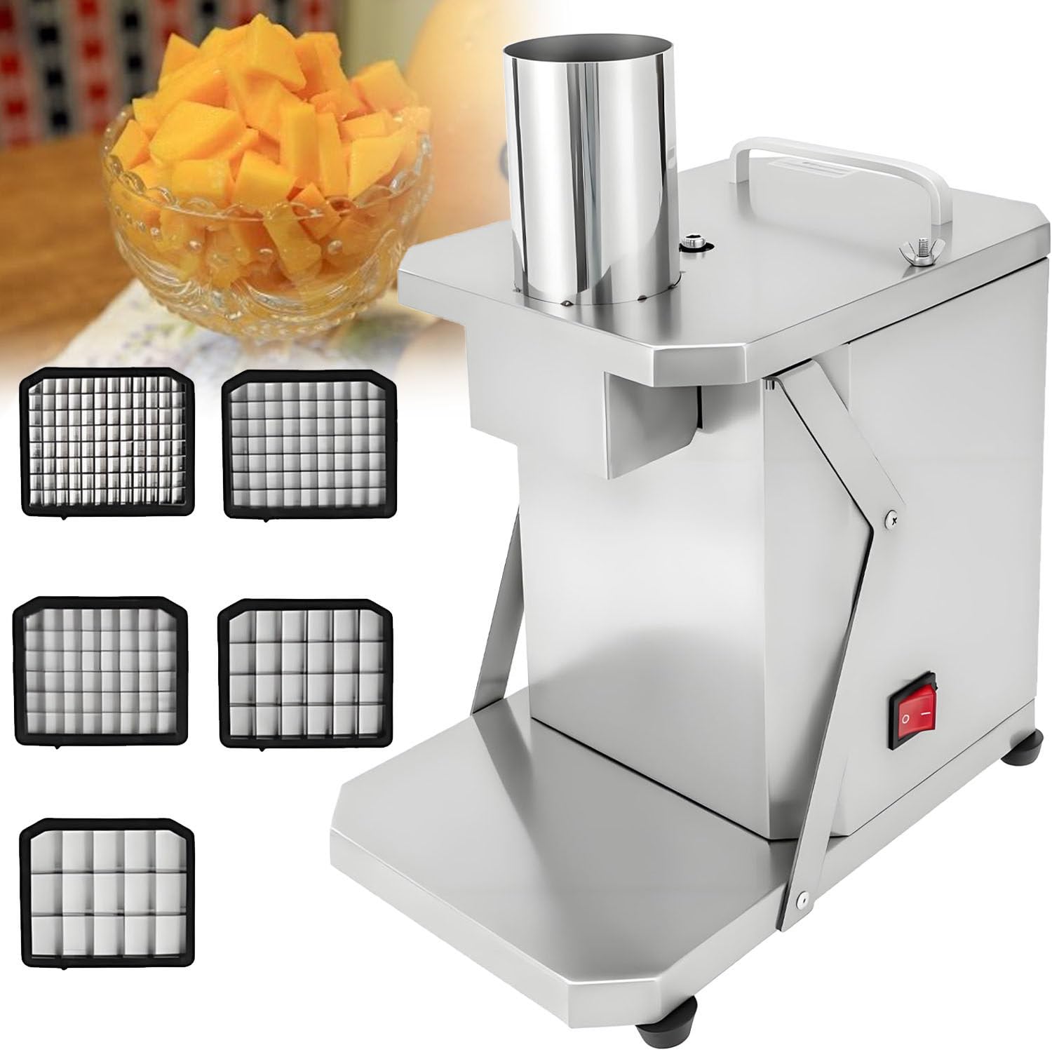 Tagliaverdure Commerciale a cubetti, tagliafrutta Elettrico, Tritatutto Automatico da 200 W, con 5 Lame a griglia per cipolle, Carote, cetrioli, prosciutto a cubetti
