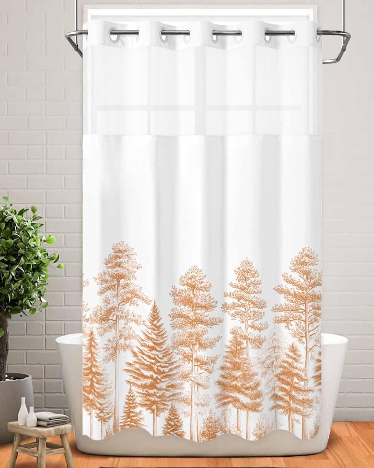 Tree Orange No Hook Shower Curtain with Snap in Liner Waterproof Fabric Shower Curtain Set for Bathroom Vintage Farmhouse Retro Pine Branch Shower Curtain with See Through Top Window 36"x72"