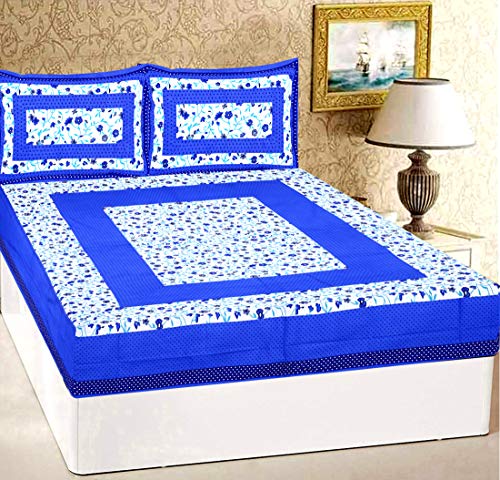 Image of RajasthaniKart Pure 100% Cotton Double Bed Sheet with 2 Pillow Covers (Bedsheet for Double Bed Cotton, Blue Bindiya Jaipuri, King Size,5219)
