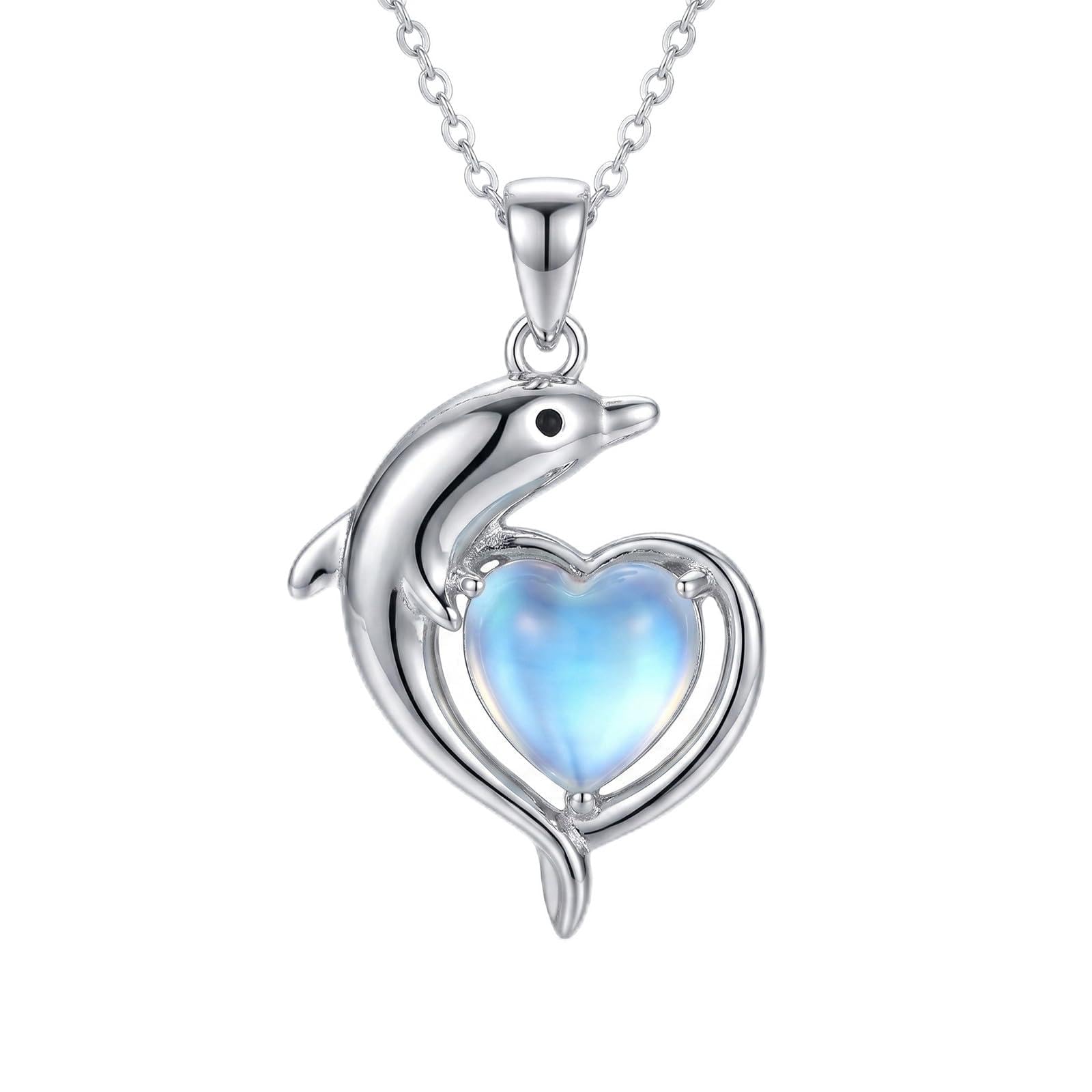 Mondstein Delfin Herz Halskette Damen 925 Sterling Silber Ozean Delfin Anhänger mit Herzförmigem Mondstein Schmuck Geschenk für Frauen Geburtstag Jubiläum