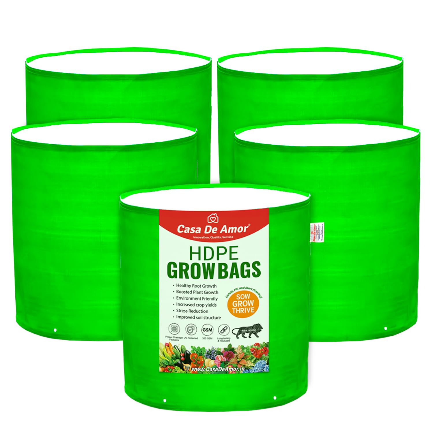 Casa De Amor Premium 12x12 Inches HDPE Pack of 5 UV Protected 260 GSM Round Plant Grow Bags Suitable for Terrace and Vegetable Gardening (12x12 Inches)