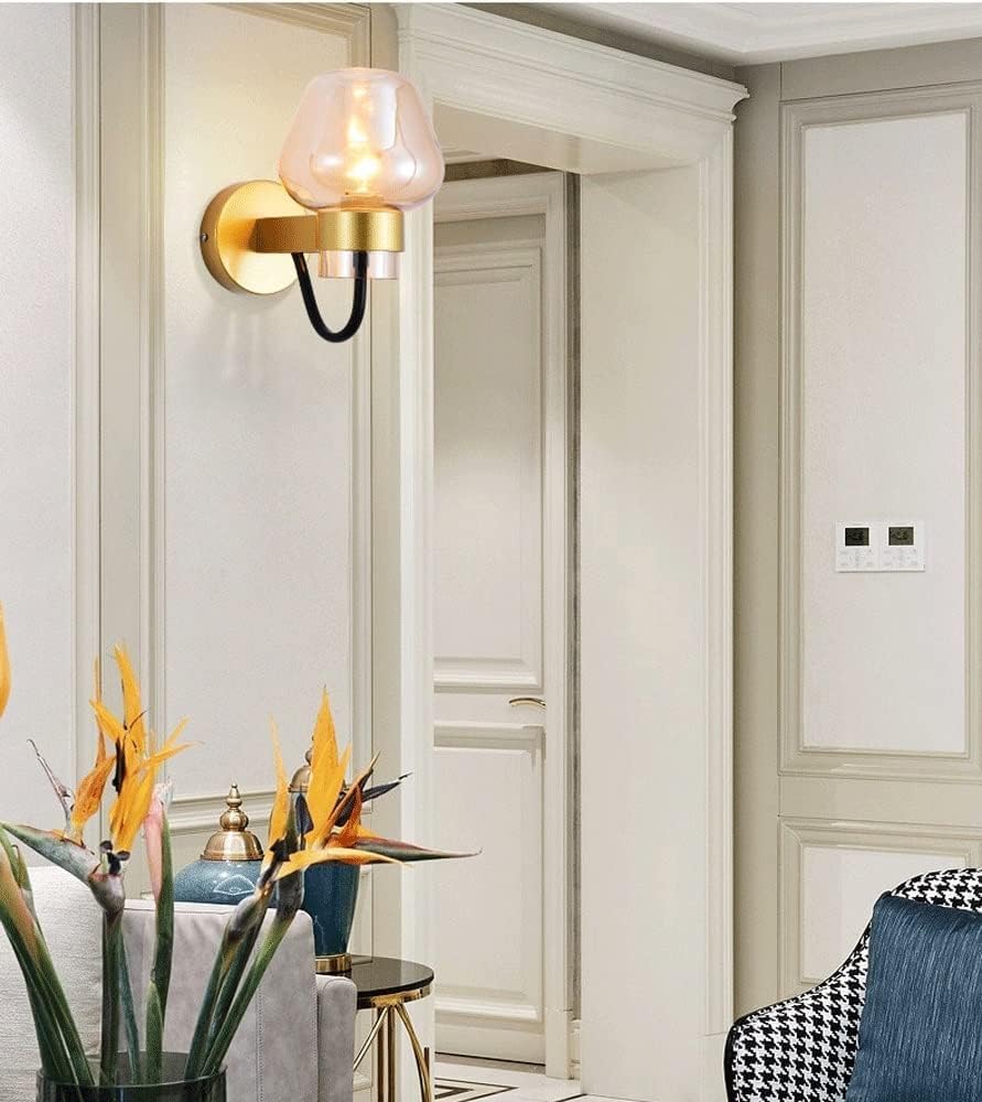 Nordic Light Luxury Vintage Wall Sconce Black Gold Farmhouse Bedside Lamps with Amber Smoke Grey Glass Mid Century Modern Wall Light Fixture for Bedroom Living Room Hallway Aisle