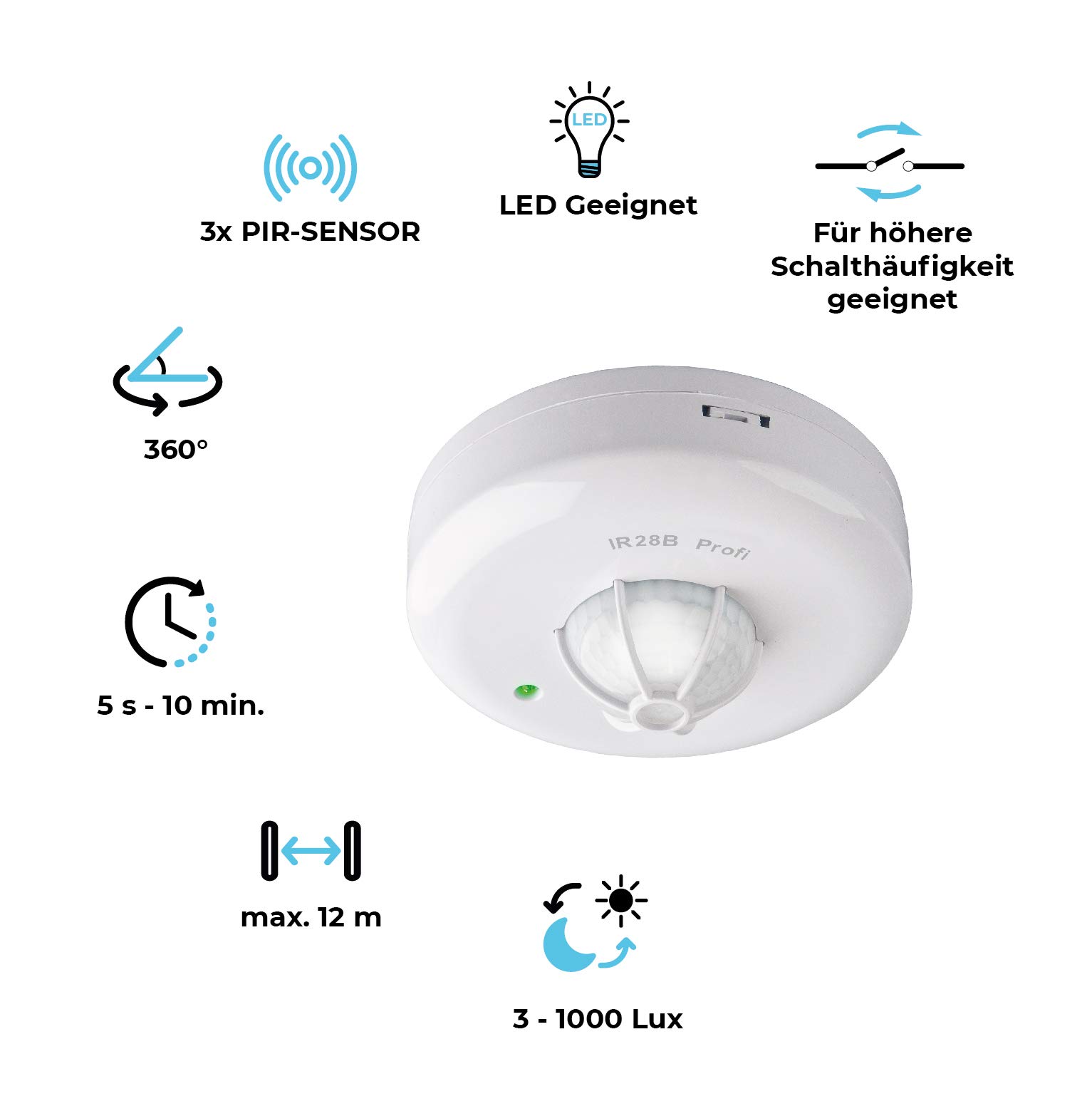 Rilevatore di movimento bianco, 360 gradi, interno IP20, montaggio a soffitto, adatto a LED