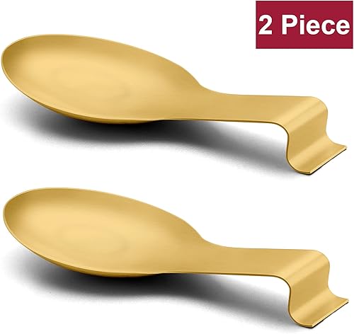 Miniatura 2 de E-far - Juego de 2 soportes para cucharas de acero inoxidable dorado, soporte para espátula para estufa de cocina, tamaño grande y apto para