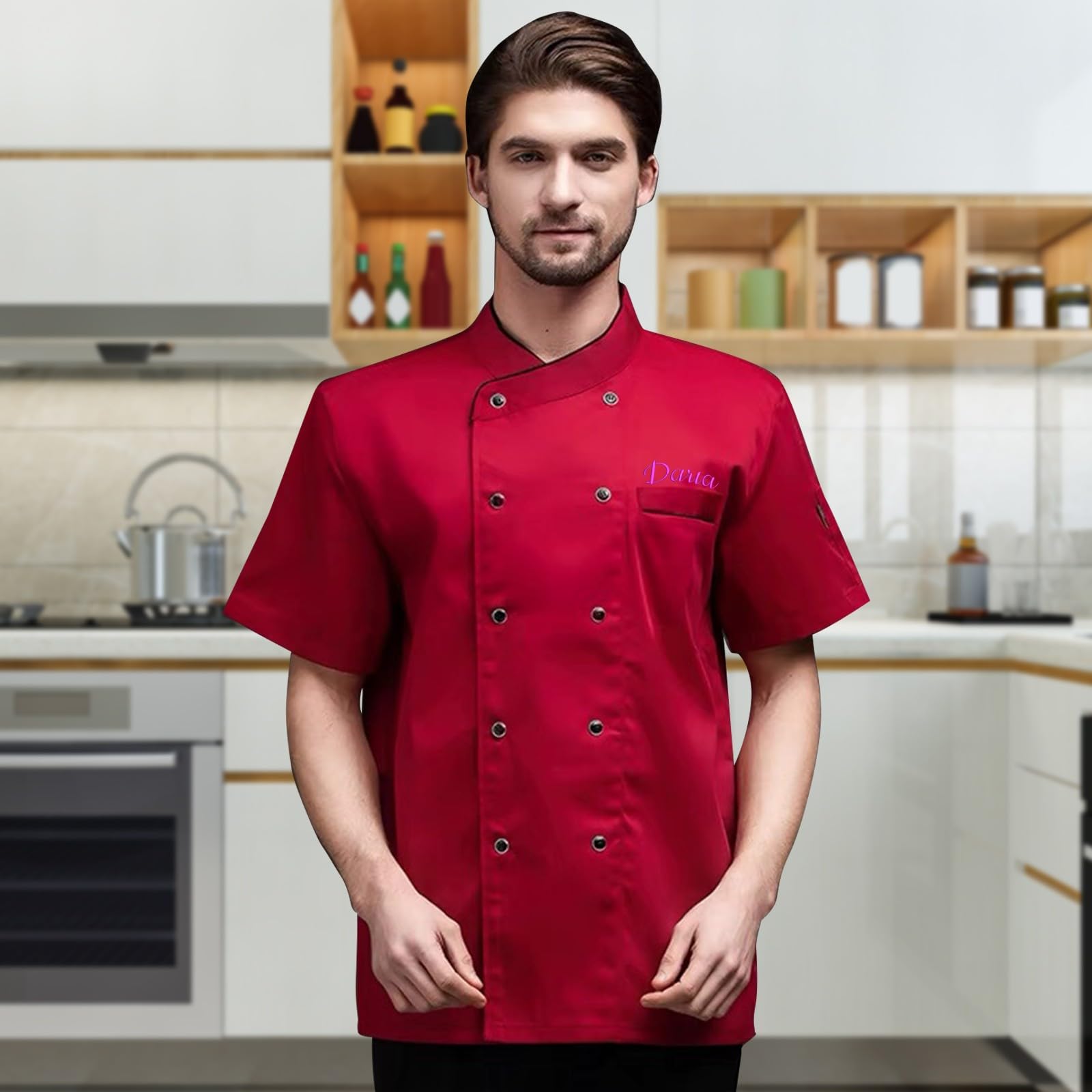 Veste de Cuisine Homme Personnalisable avec Nom Brodé Manches Courtes, Blouse de Travail Restaurant Unisexe, Tenue Cuisine Femme Professionnelle pour Hôtel Boulangerie Traiteur - 5