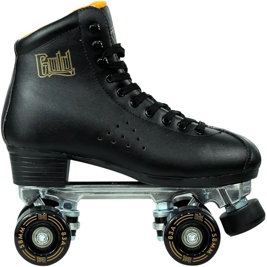 TRAXART Classic High-Top Quad Roller Skates – Black Synthetic Leather with Yellow Lining, Aluminum Frame, 58mm 83A Wheels, Chrome ABEC-9 Bearings