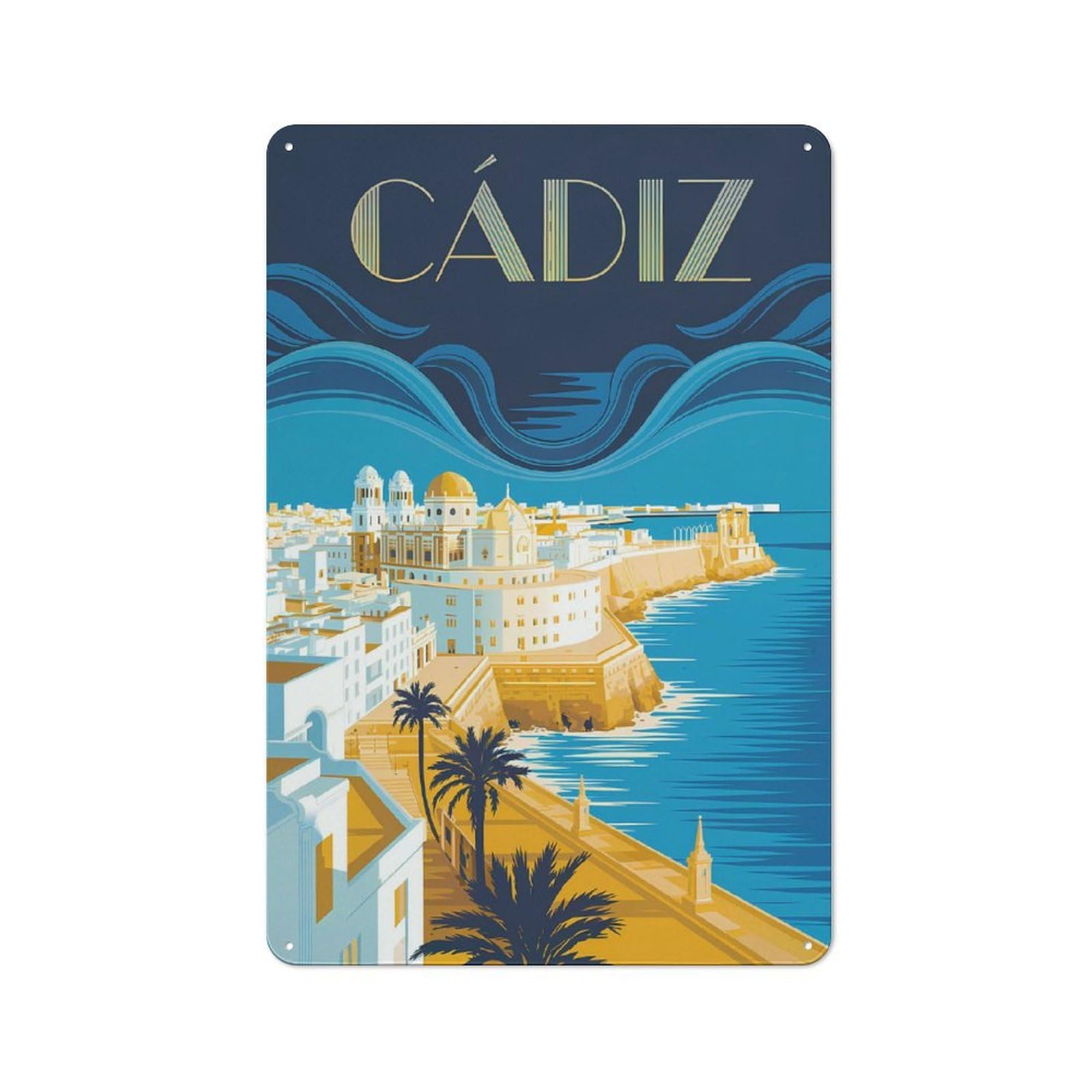 Junmoney Style-20 Cádiz Cityscape Travel Everyday Metal Wall Decor 30X20cm, Decorative Tin Plaque For Flat, Dorm Room, Lounge Or Cafe