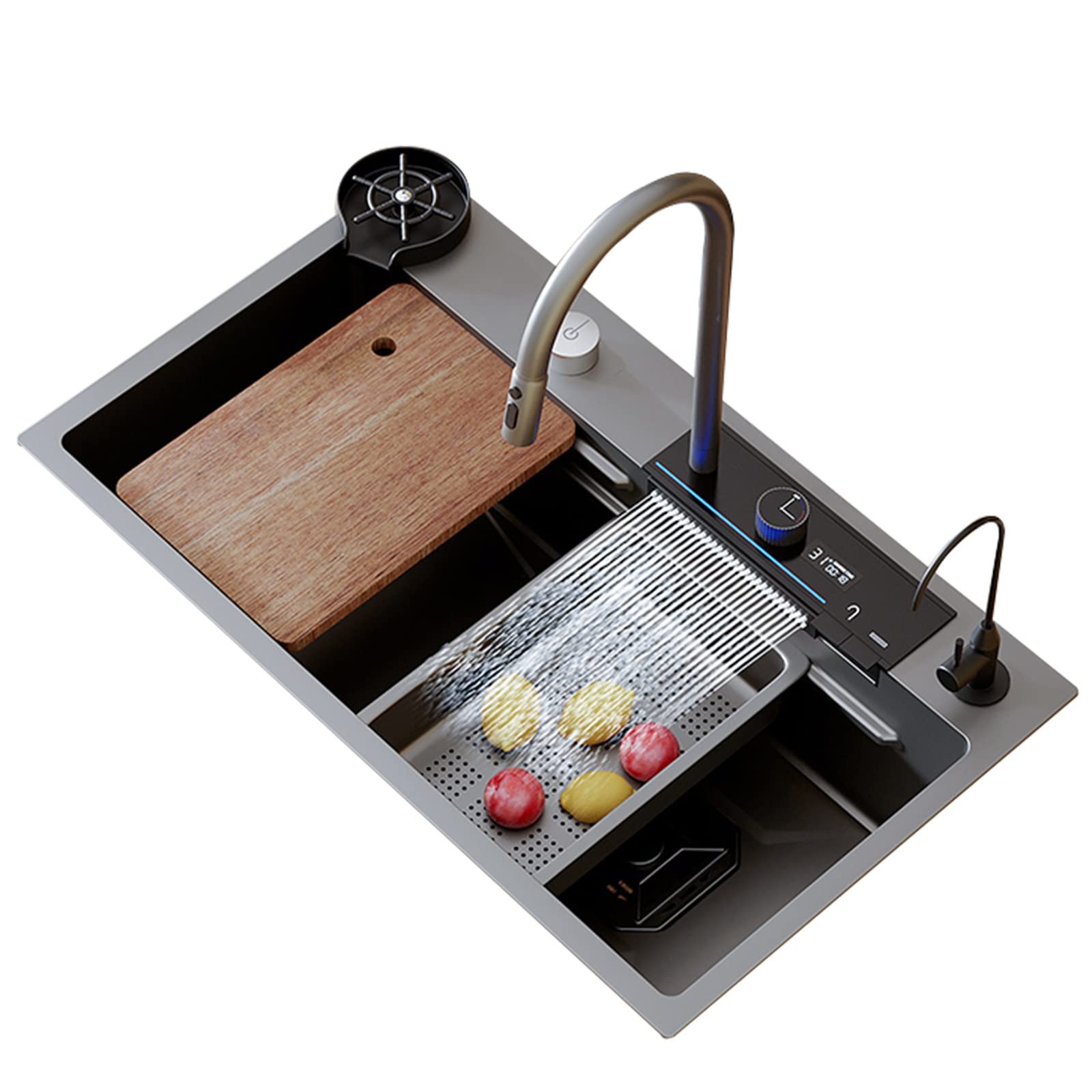 SDdPulse Digital Display Kitchen Sink Raindance Waterfall Sink New Stainless Steel Sink Nano Single Sink with Variety Accessories,Gray,silver-80 * 45CM
