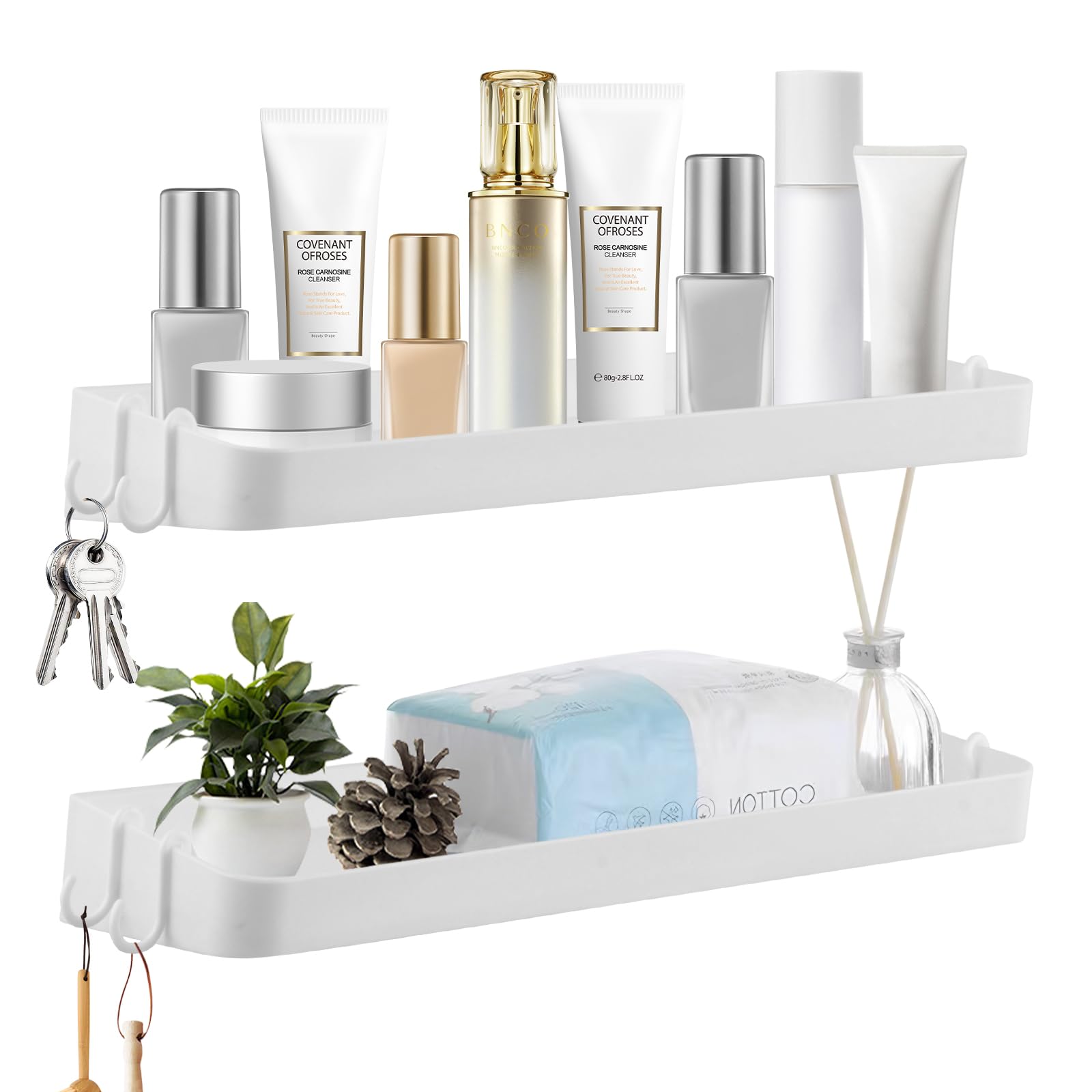 Wisebom Estantería Ducha Sin Taladros 2 Pcs, Adhesivo Estantes Cesta para Ducha con 8 Ganchos, Estanteria Baño Pared de Plastico, Organizador Estantes Cesta para Ducha, para baño y Cocina, Blanco