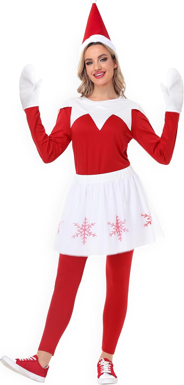 Remimi Women Christmas Shirt Pants Sets Xmas Long Sleeve Red 2 Pieces with Tulle Skirts XS-3XL