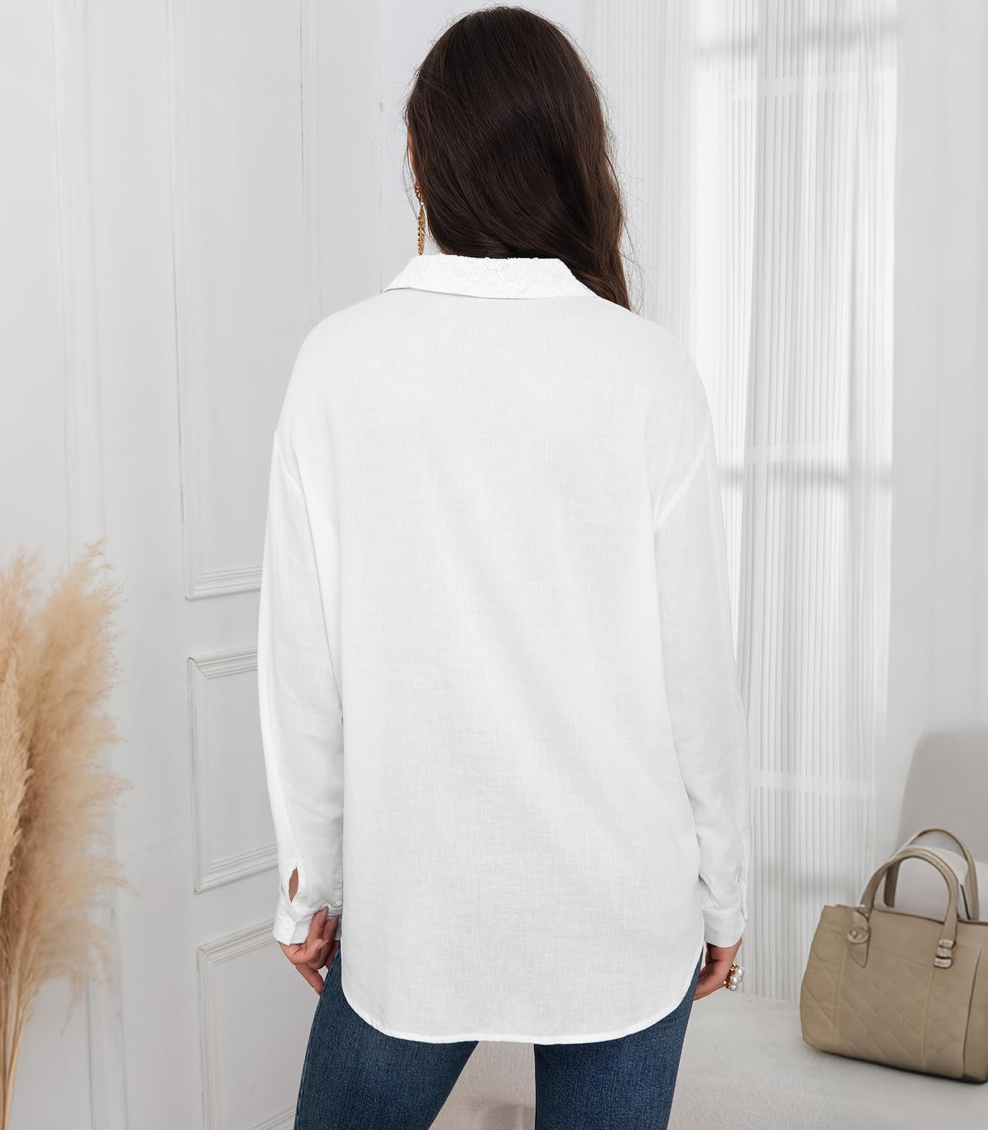 Camicetta da Donna Maniche Lunghe Camicia con Bottoni Blusa Ampia Leggera Manica Raglan Colletto della Camicia Ricamo Floreale Elegante con Taschino Tinta Unita Top Casual