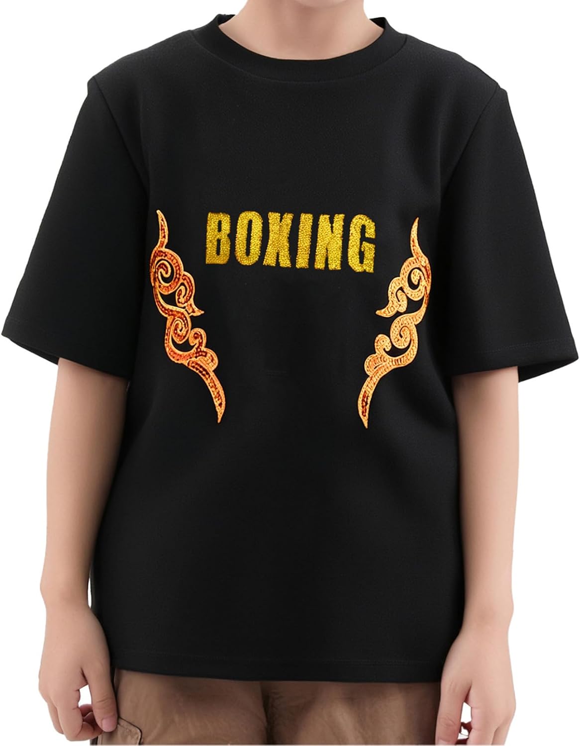 Kids Boys Boxer Costume Short Sleeve Sequin Applique Pullover Tops T-Shirt and Metallic Embroidery Shorts Set