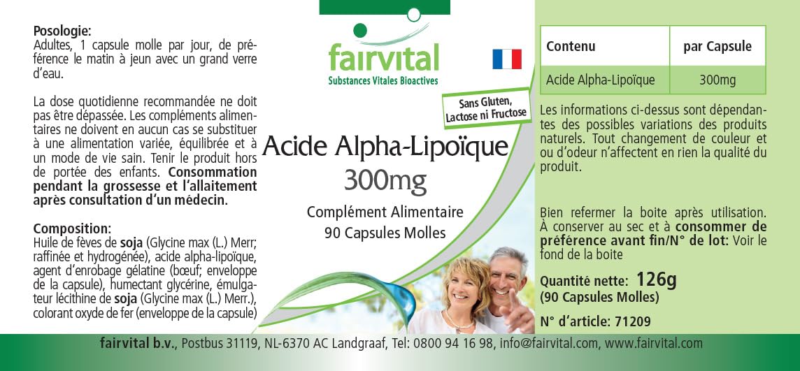 fairvital Gélules d'acide alpha-lipoïque 300mg (acide alpha-lipoïque, ALA), pour 3 mois, HAUTEMENT DOSÉ, 90 gélules molles