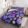 Axolotl Neon Floral Bedding Set Twin,Gradient Floral Comforter Set for Girls,Colorful Flower Bedding Set Stars,Galaxy Series Comforter for Kids Boys Girls Teens Adults,1 Quilt 2 Pillowcases,Black #3