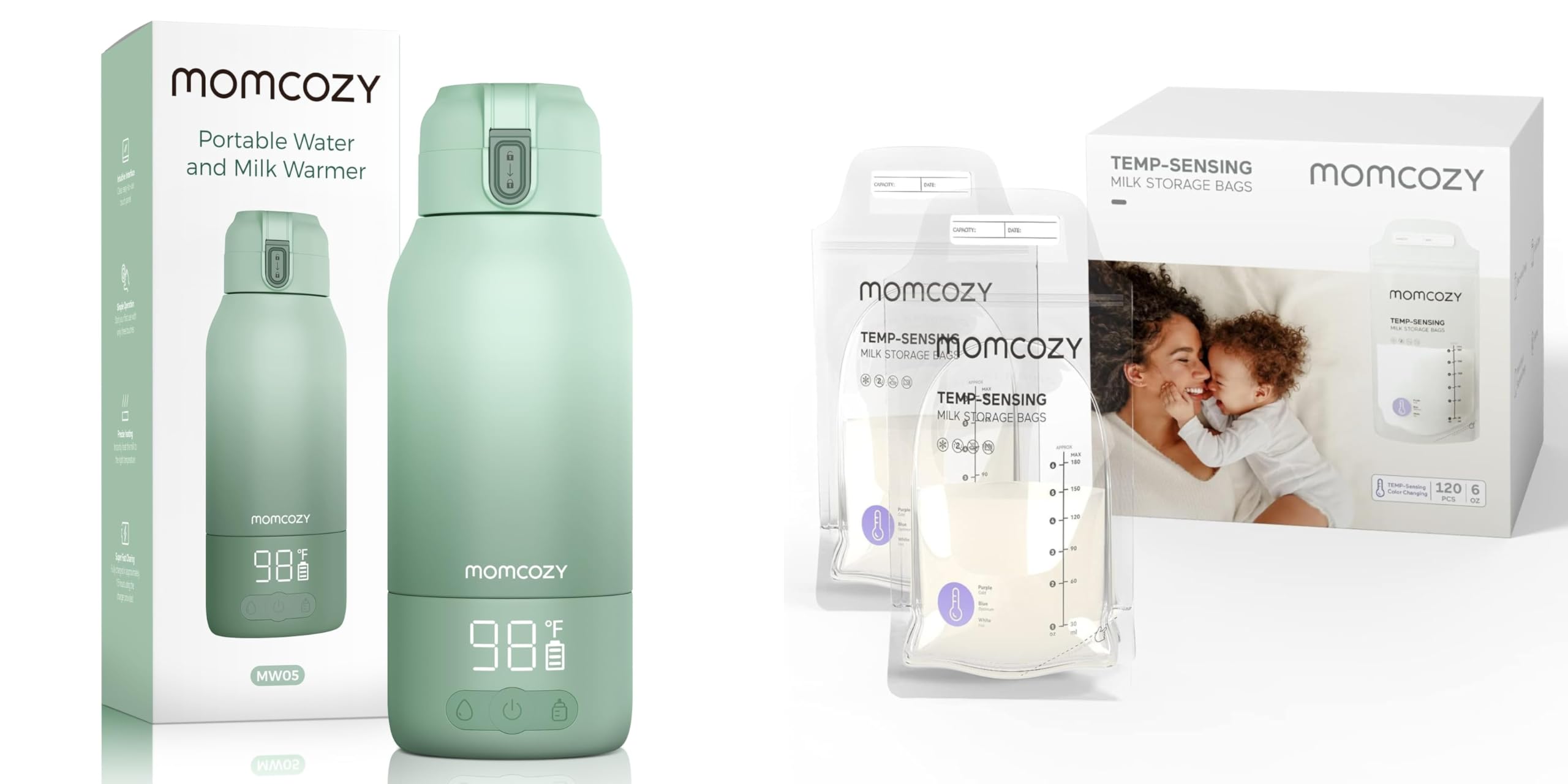 Momcozy Scaldabiberon Portatile, Riscaldamento Rapido e Lunga Durata della Batteria,120 Sacchetti per Conservare il Latte Materno