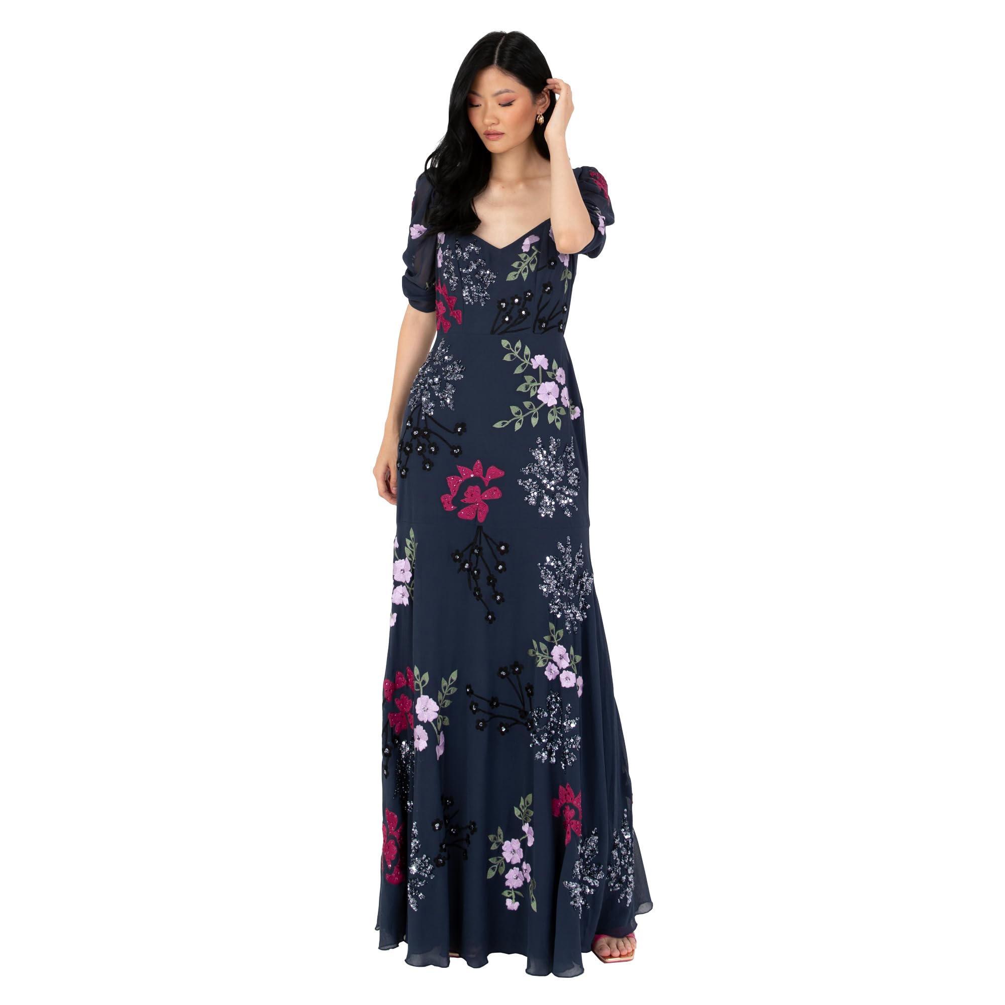 Maya Deluxe Women's Maxi Dress Ladies Embroidered Sweetheart Neckline Ruched Sleeves for Wedding Guest Bridesmaid Prom Ball Gown, Vestido Mujer, Navy,