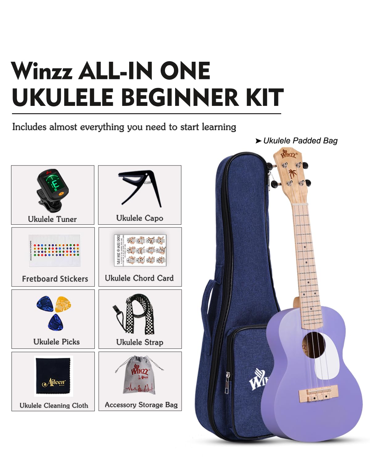 Winzz Ukulélé Enfants Concert Ukulélé Adulte Kit Débutant 23 Pouces avec 9 Accessoires, Petit Débutant Guitare Enfant 4 Cordes (Color : Violet, Bois)