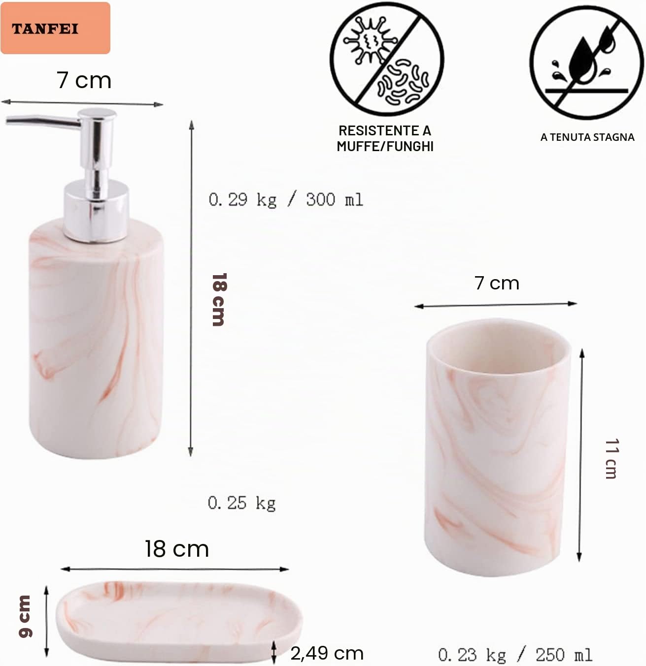 Portasapone, dispenser di sapone liquido, tazza per spazzolino da denti, set di accessori da bagno in marmo e ceramica (rosa)