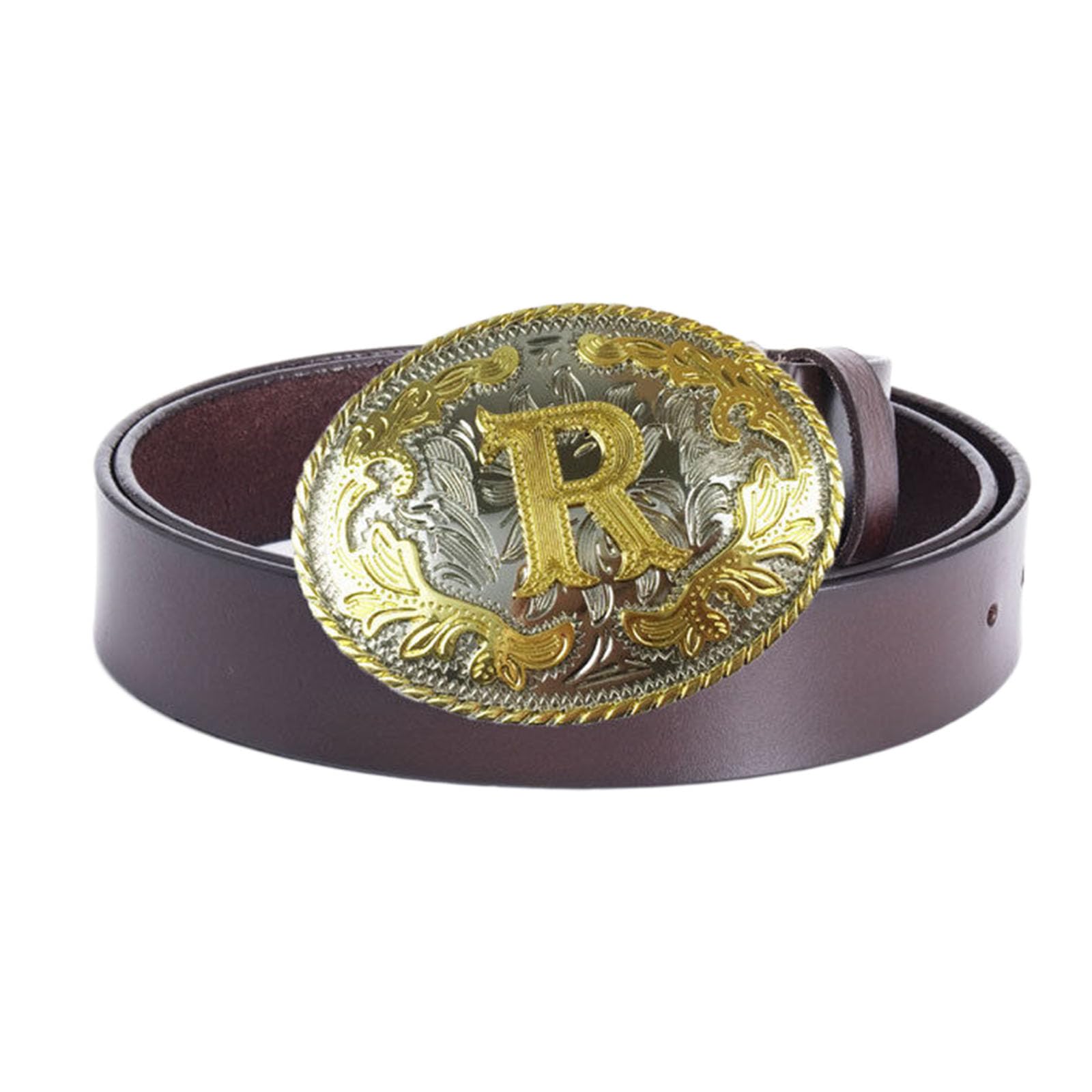 BDAYEK Men's Belt Men'S Belt Western Cowboy Genuine Leather With Alphabetical Buckle Brown(R Brown,130Cm/51.2'')