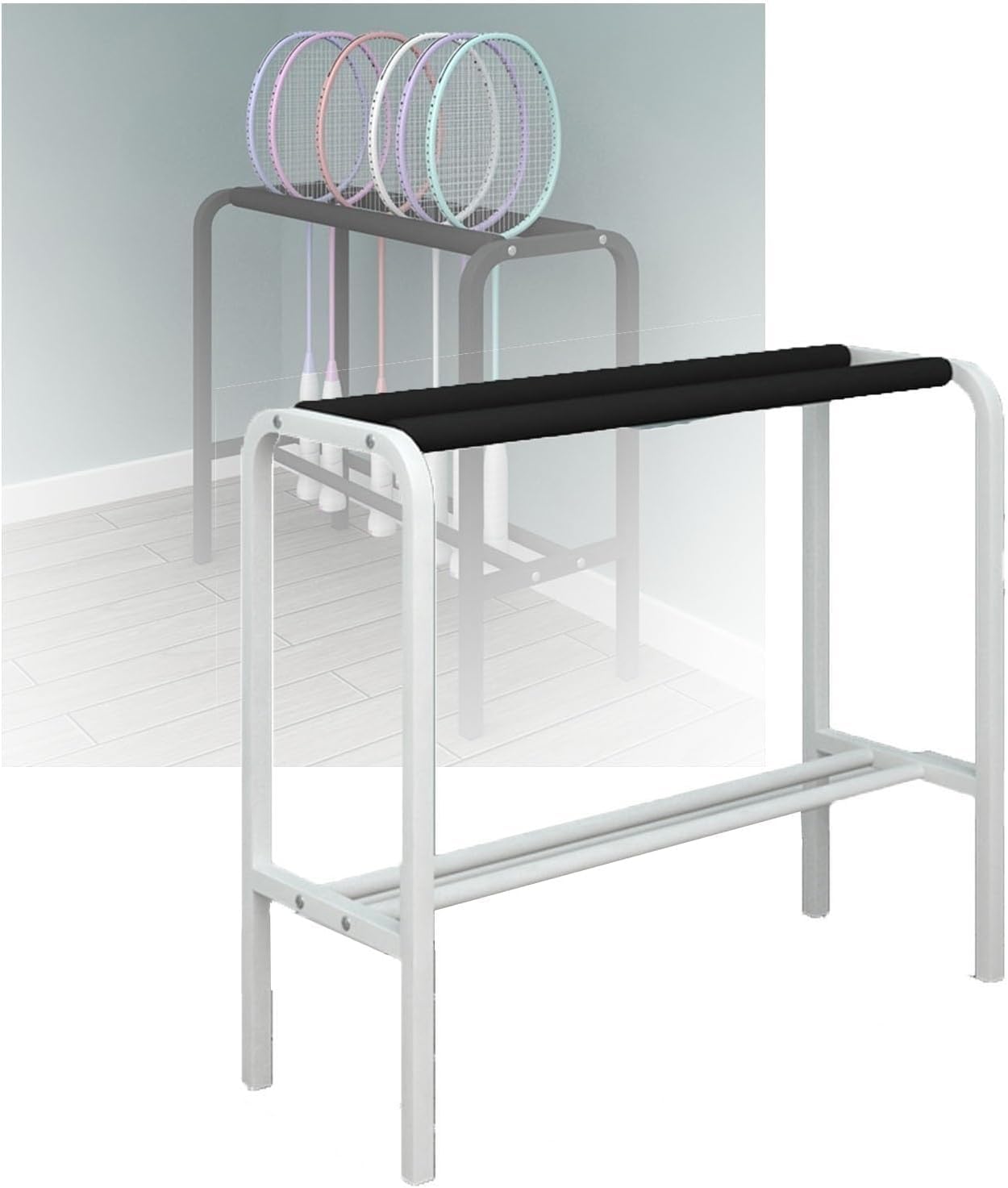 Support raquette tennis et badminton sur pied en métal avec bras mousse