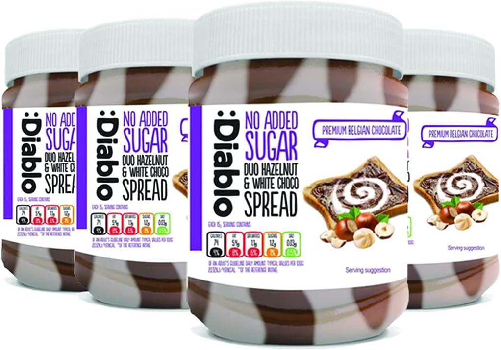 Diablo No Added Sugar Duo Hazelnut & White Chocolate Spread – Sweetened with Maltitol – Low Sugar Belgian Chocolate Spread for Toast, Waffles, Breakfast, Baking, Healthy Snacking - 350g Each, 4 Pack