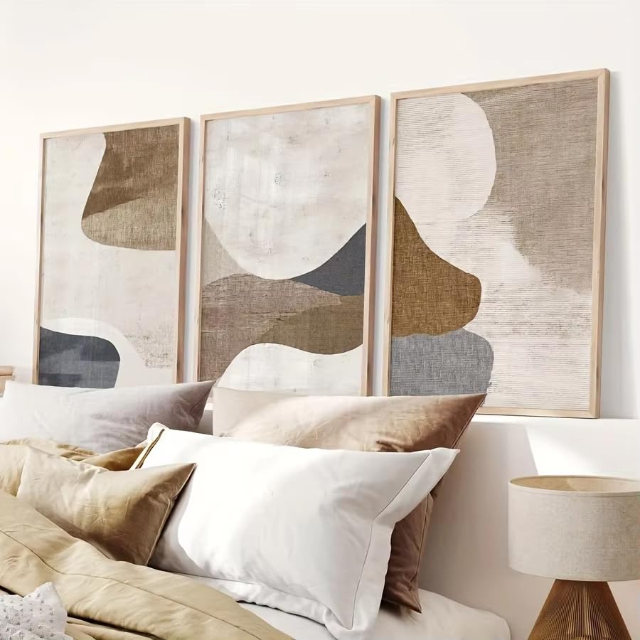 Tableaux abstraits bleu et beige grand format triptyque mural moderne mid-century AEFOUU - 2