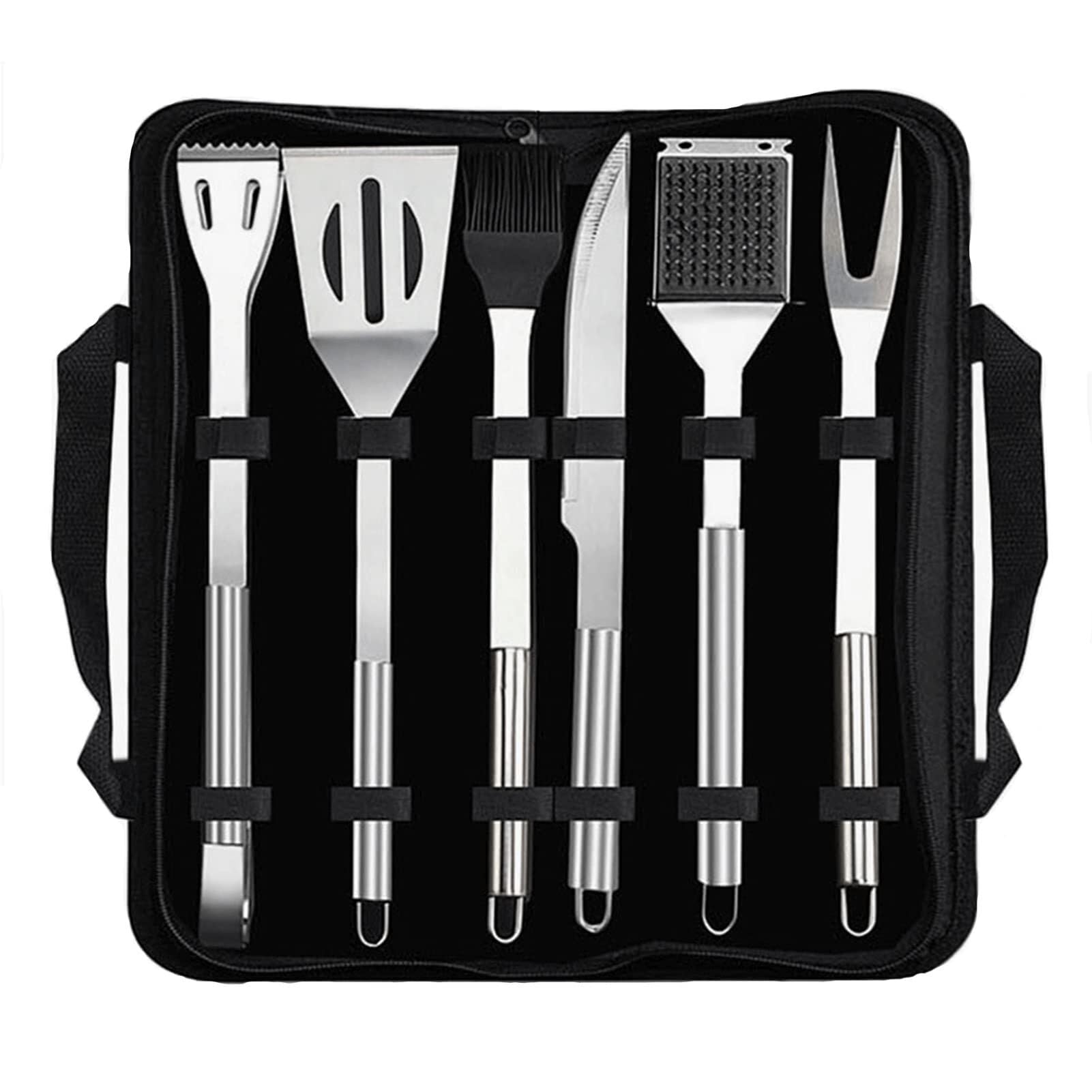 Set di 6 Utensili per Barbecue Resistenti, in Acciaio Inox, con Borsa portaoggetti, per Campeggio, Viaggi e Cucina all'aperto.