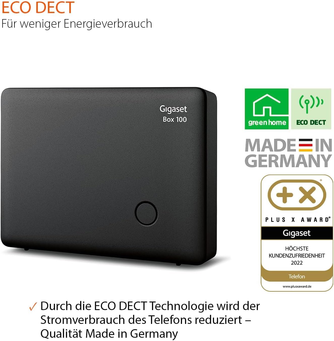 Gigaset Box 100 with ECO DECT and Made in Germany logos