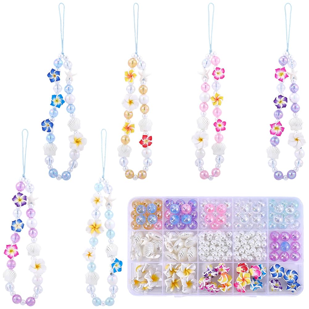 SUNNYCLUE 1 boîte de 228 pièces Kit de Création de 6 breloques pour Téléphone (Drapeau Cordon Perles en Forme D'Étoile de Mer Perles de Fleur de Frangipanier Perles de Fleur D'Été Perles de Fleur D'Ét