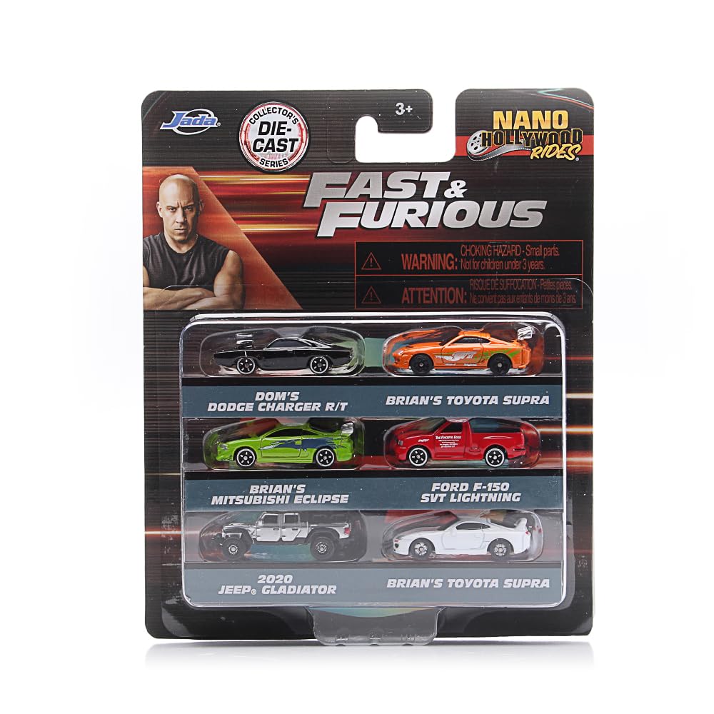 Jada Toys Fast & Furious zestaw 6 nano pojazdów (1,65 cala) – zestaw 6 modeli samochodów z metalu, oficjalnie licencjonowane, mini pojazdy dla fanów i dzieci od 3 lat, zestaw kolekcjonerski w