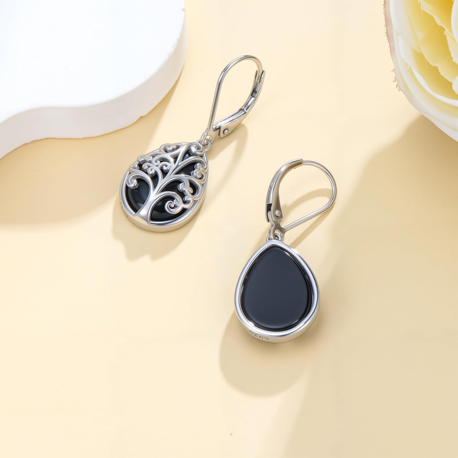 Tree of Life Leverback Earrings for Women, S925 Sterling Silver Teardrop Black Onyx Drop Dangle Earrings Jewelry Anniversary Birthday Gift - Image 4