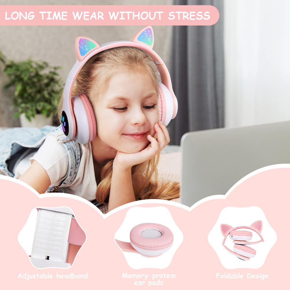 AXFEE Cuffie Bluetooth per Bambini, LED Cuffie Cablate/Wireless con Orecchio di Gatto, Pieghevole Audio Stereo HD Over-Ear Cuffie per Studiare/Viaggiare, 105dB Volume Limited, Bluetooth 5.0 Version