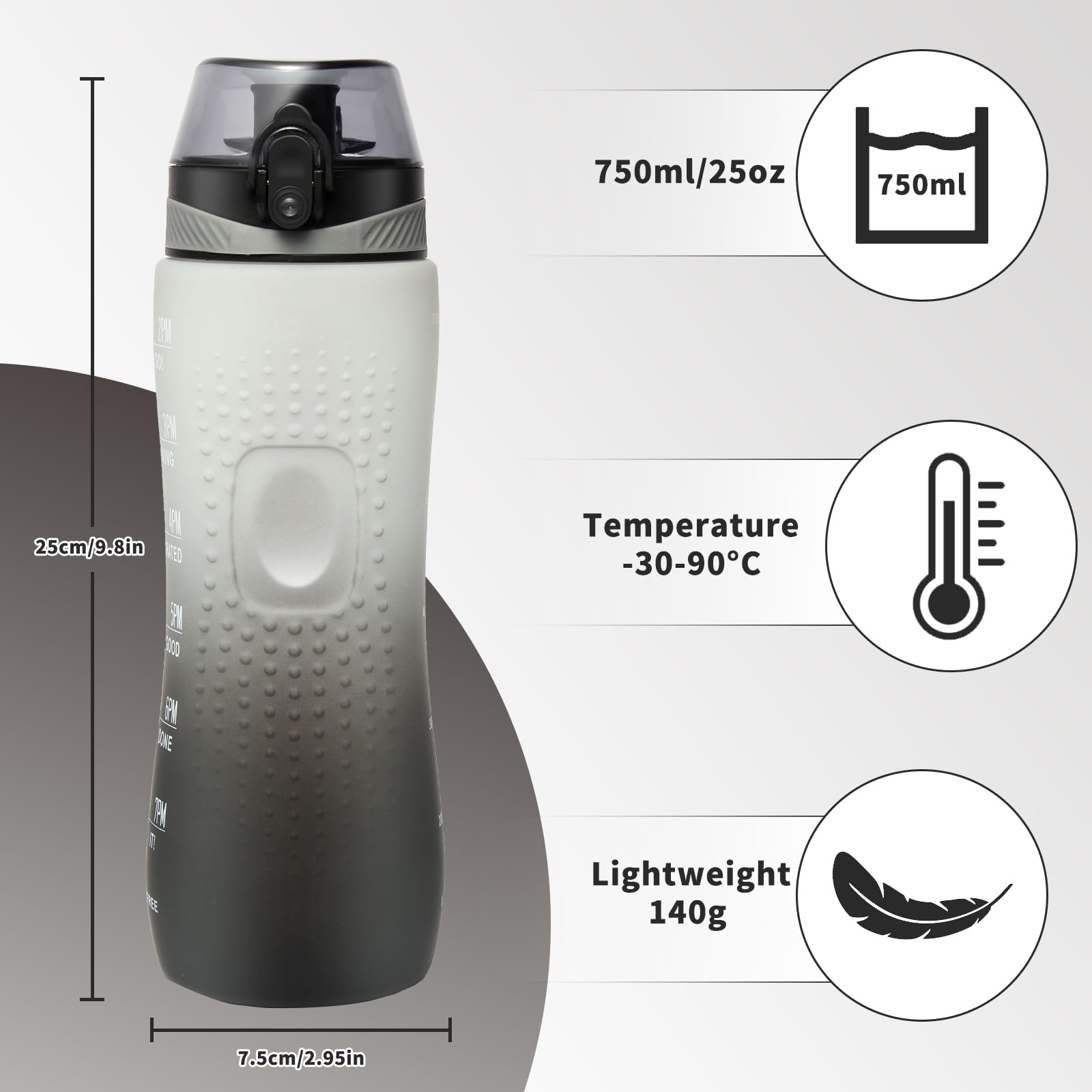 Binudum Borraccia Motivazionale con Indicatore del Tempo Sportiva Borraccia in Tritan BPA Free a Prova di Perdite per Adolescenti, Adulti, Palestra, Esterni, Ciclismo, Scuola e Ufficio