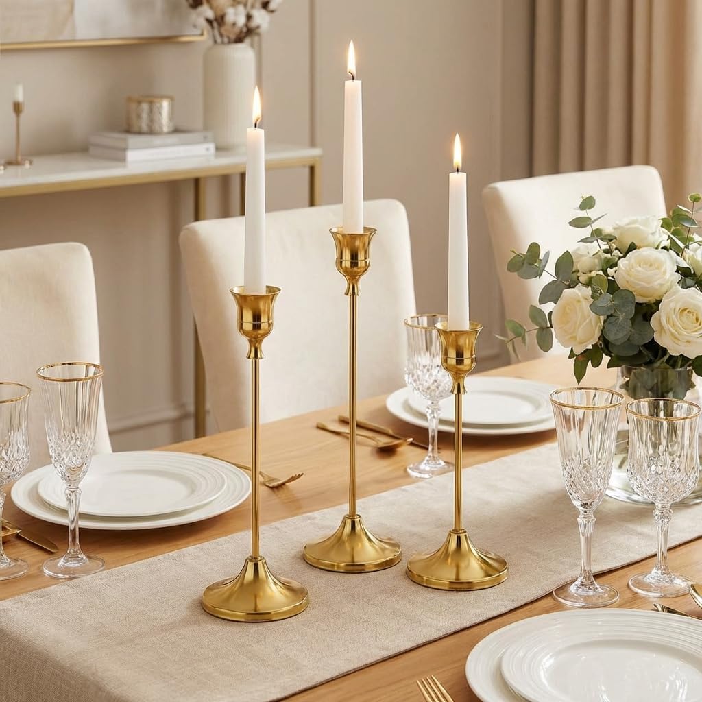 10 Sets Candle Holder Brass Metal Candlestick Holders - HearthLume Vintage Modern Metal Taper Candle Holders, Decorative Centerpiece for Table Mantel, Wedding Kitchen Home Decor, Wedding Gift,30Pcs