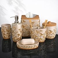 Vista 15 de Decozen Juego de 6 accesorios de baño, dispensador de jabón, soportes para cepillos de dientes, vaso, jabonera y tarro de hisopo de algodón