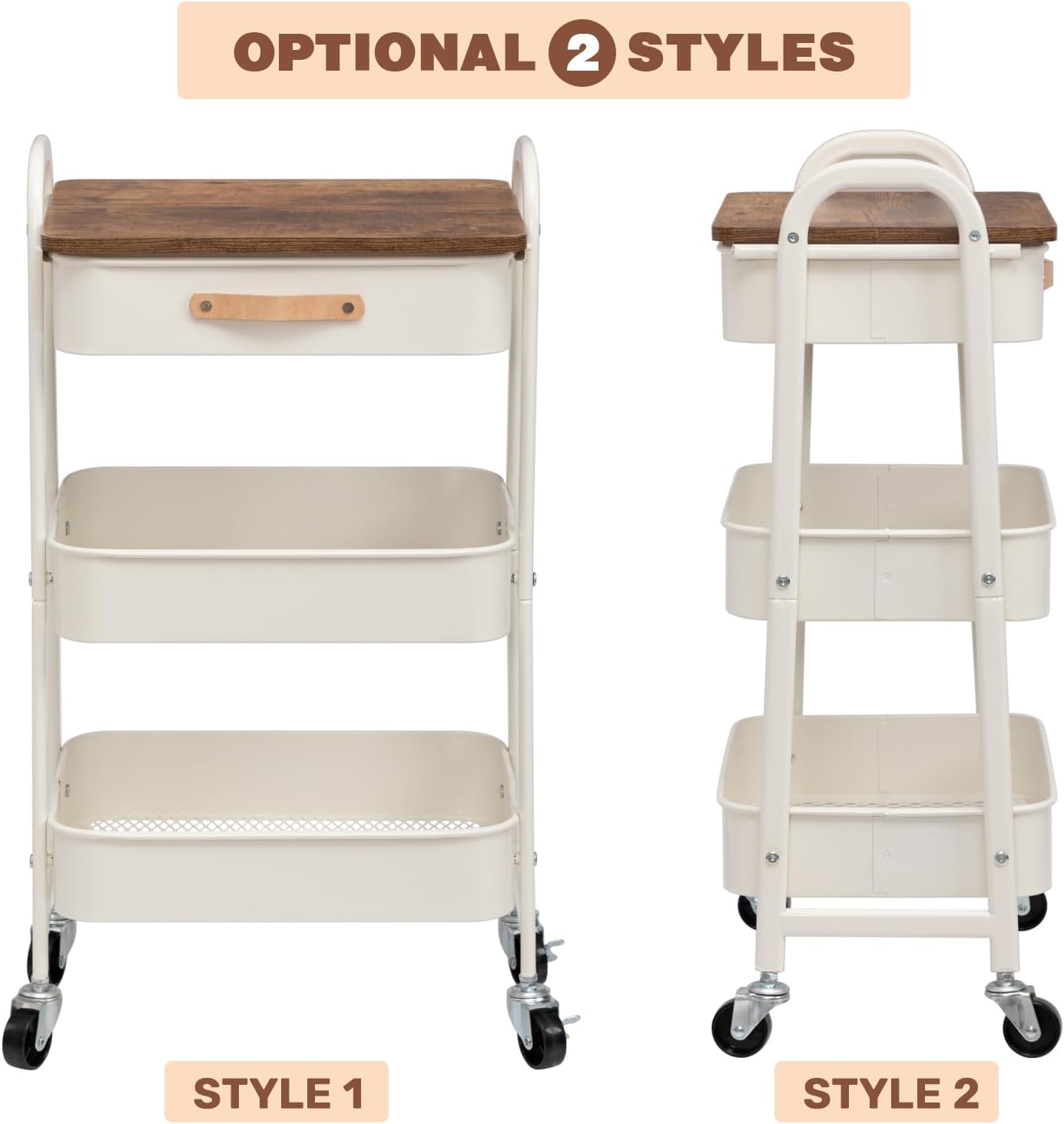 AGTEK 3 Tier Rolling Utility Cart Organizer with Drawer, Metal Craft Cart with Wheels for Bathroom, Kitchen, Office, Nursery Diaper, White