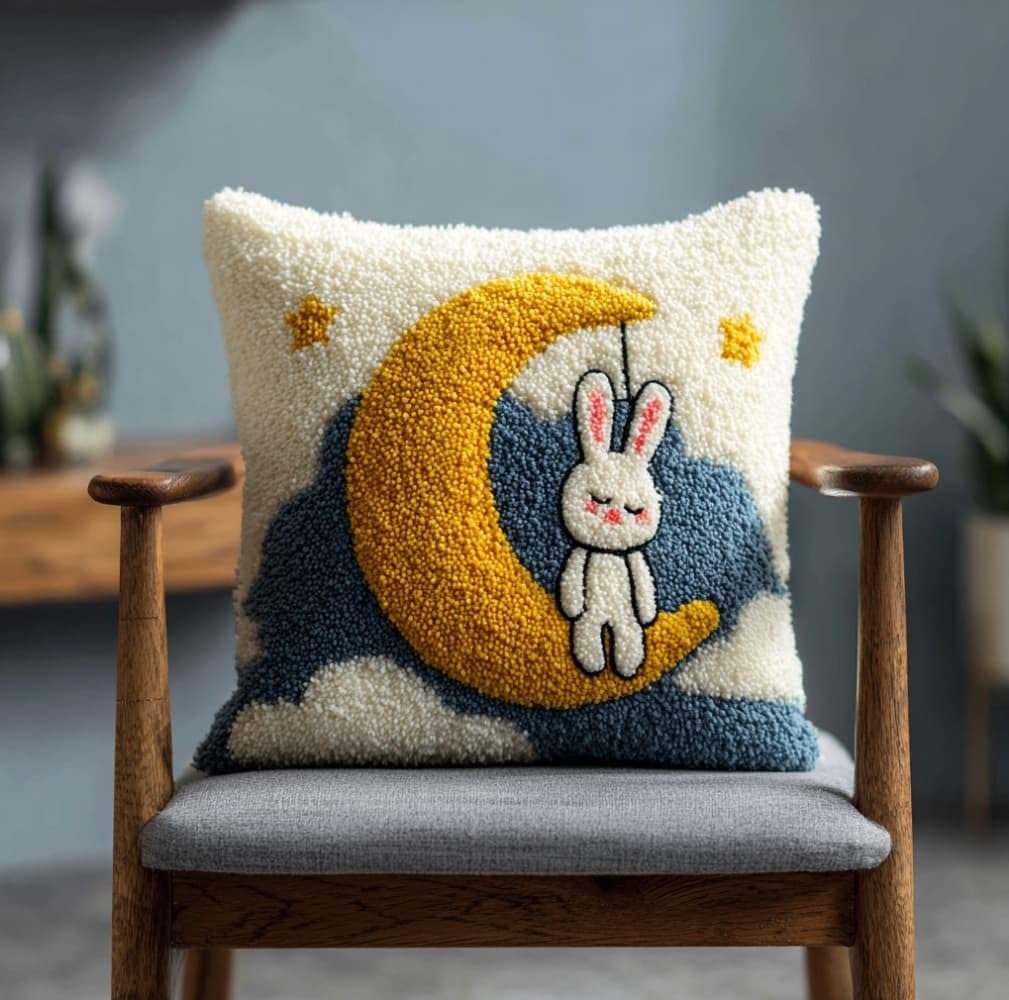 AxiangziK Latch Hook Pillow Kits with Yarn,Rabbit on the Moon Complete DIY Cushion Making Craft Kits,43x43cm Latch Hook Adult Craft Kits for Women