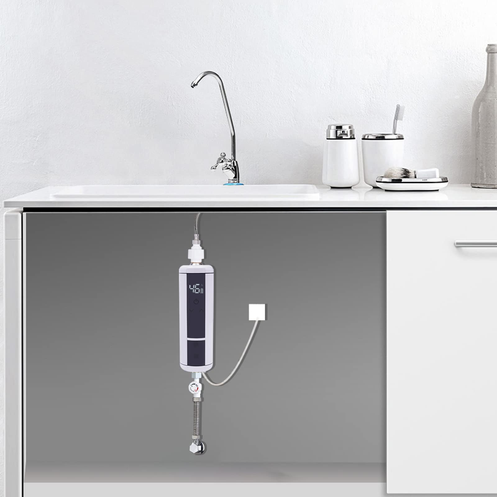 Podgrzewacz przepływowy 3500 W, bezzbiornikowy, 220 V, 30-52 °C, LED, dotykowy IPX4, wodoszczelny, mini podgrzewacz wody G1/2", montaż 360°, do kuchni, łazienki, pod stół, energooszczędny, czarny