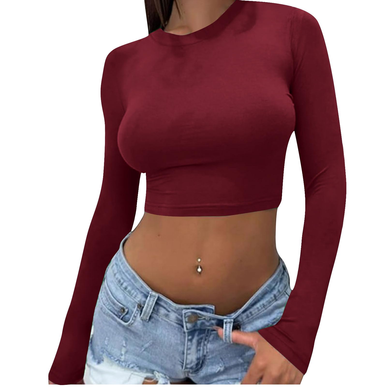 Women Cropped Corset Tops Fashion Solid Color Full Sleeves Crewneck Stretchy Slim Soft Comfy Base Shirts Pullover