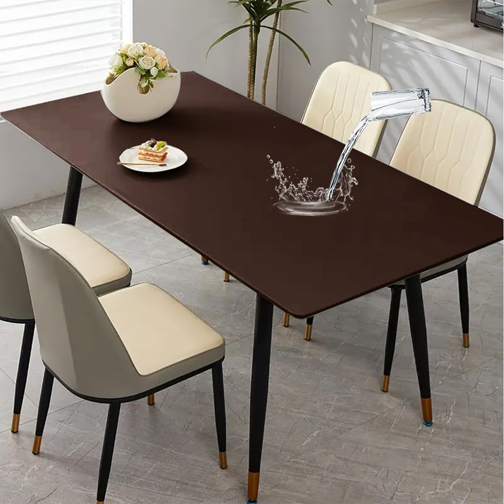 Waterproof Leather Tablecloth with Flannel Backing,Elastic Table Protector Rectangle Wipe Clean Tablecloth Table Cover for Dining Kitchen Picnic (Brown,80x160cm)